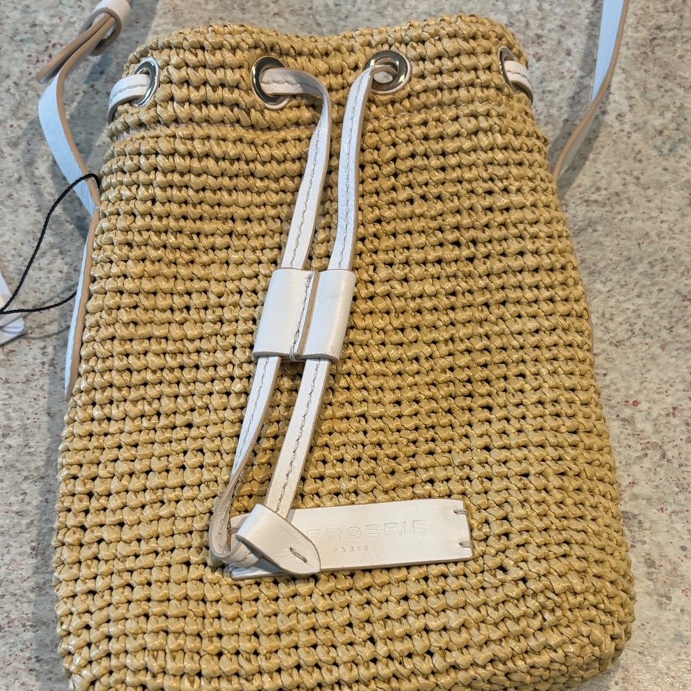 Robert Clergerie Cream and Tan Woven Drawstring Crossbody Bag - Picture 2 of 3